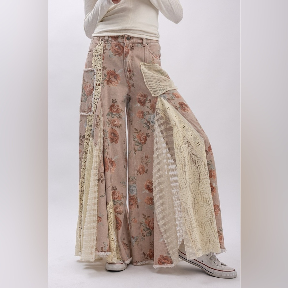 NWT Floral Print Boho Patchwork Lace Panel Ultra Wide Leg Flare Bohemian Pants - Picture 8 of 14